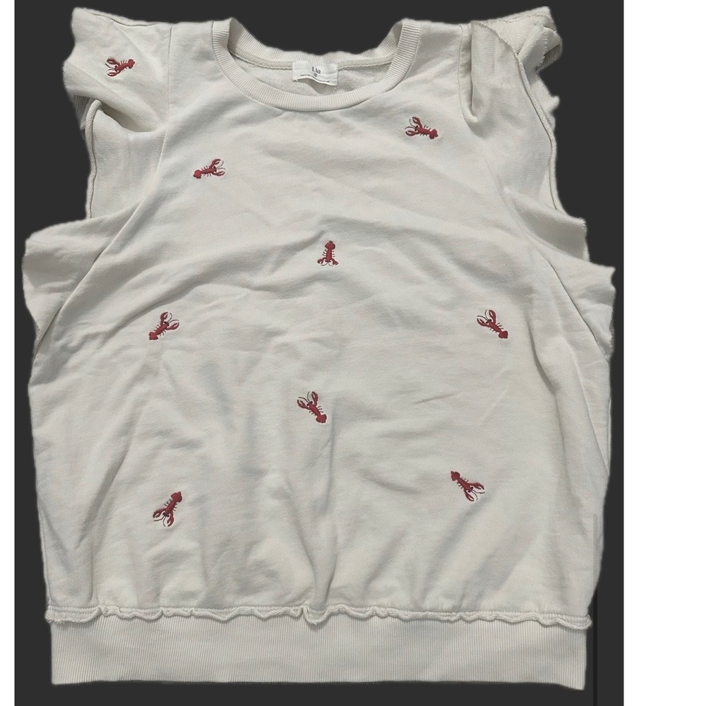 Anthropologie Pilcro Lobster Embroidered Flutter Sleeve Sweatshirt Cream Small